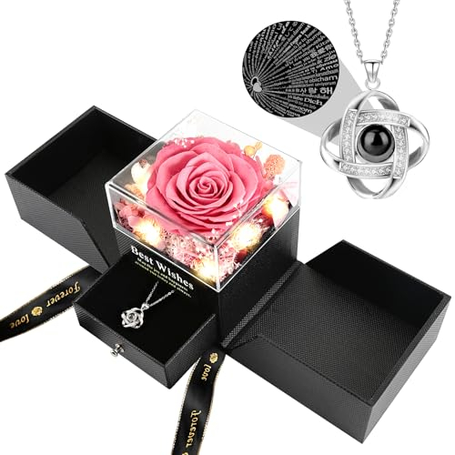 FAYODO Ewige Rose mit Ich Liebe Dich Halskette Damen,Echte Konservierte Blumen Rosenbox Geschenke für Frauen Mama Frau Valentinstag Muttertag Geburtstags Jubiläum (Rosarot)