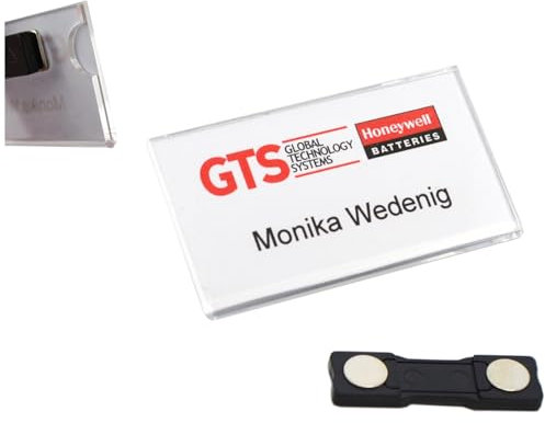 Schmalz® Lot de 10 badges nominatifs avec aimant, en verre acrylique, transparents, 2 mm d'épaisseur, avec découpe pour le pouce, pour vêtements, personnalisables, personnalisables, 10, 75 x 40 mm