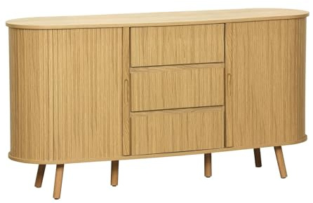 sweeek - Buffet scandinave Ovale 2 Portes coulissantes. 4 Compartiments. 3 tiroirs. décor Bois rainuré. Teinte Naturelle. L 150 x P 40 x H 79cm