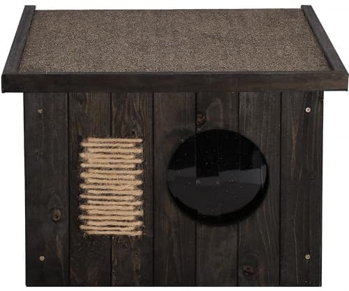 SPRINGOS Casa para gatos de madera para exteriores, 49,5 x 58 x 36 cm, casa de madera, rascador para gatos, puerta con láminas, techo plano, resistente a la intemperie, paredes aisladas, resistente al