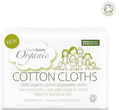 Simply Gentle Organic Dry Wipes/Cotton Cloths Perfect for Sensitive Skin - Pure Cotton Cloths for Newborn Baby - Free from Odours Parabens & Alcohol - Multi-Purpose - Disposable Cloth - 50 Pieces