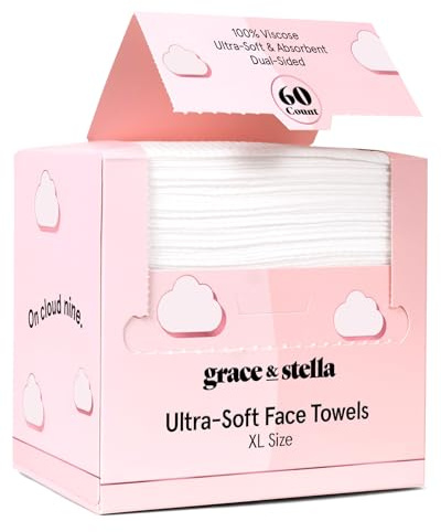 grace & stella Face Towels Disposable - Travel Essentials - Ultra-Soft & Absorbent Face Wipes Towelettes - XL Facial Towels for Cleansing & Makeup Removal - Lint-Free Facial Tissue - Vegan (60 Count)