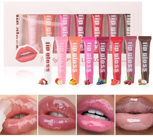 Lipgloss-Set mit Fruchtgeschmack,Lipgloss-Set mit Geschmack für Mädchen, 8X feuchtigkeitsspendender Lipgloss für trockene Lippen, Klarer, glänzender Lip Care Gloss, Lipgloss in verschiedenen fruchtige