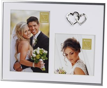 formano Fotorahmen, Bilderrahmen für Foto 10x15cm u. 10x10cm aus mattem, silbernem Aluminium mit weissem Passepartout und aufgesetzten Herzen veredelt