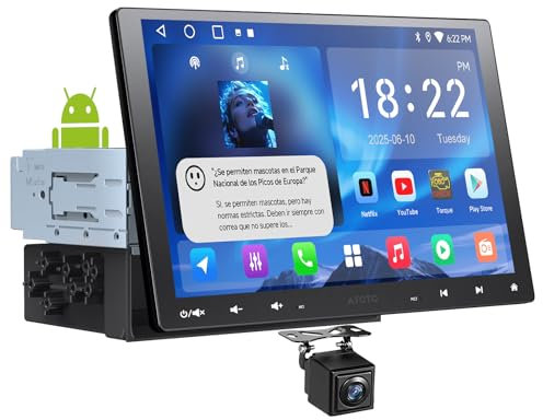 ATOTOEXCEL 10.1 Pulgadas Radio Coche 2 DIN y Single-DIN Adaptativo, CarPlay y Android Auto inalámbricos, Tethering WiFi/BT/USB, EQ de 24 Bandas, Cámara de Marcha atrás, HD LRV, 2G+32G