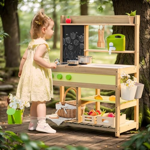 Matschküch Gartenspielküche Kinderspielküche aus Holz (3-8 Jahre) mit Wasserspüle - Für Garten & Haus - Outdoor-Mud-Kitchen-Set