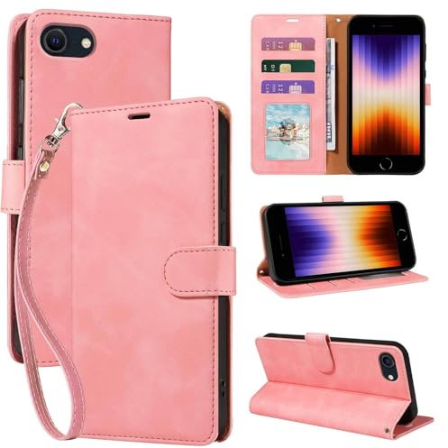 GOTOURED RFID Wallet Case for iPhone 6/6S/7/8/SE 2020/SE 2022 4.7, Pink | RFID Blocking 3 Card Slots, Cash Pocket, Wrist Strap, PU Leather Flip Cover, Kickstand, Magnetic Closure, TPU Protective