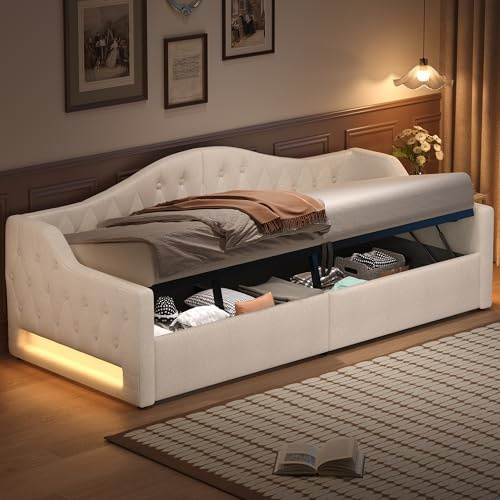 EINHOM Polsterbett Schlafsofa 90x200 cm, Tagesbett Sofabett mit LED-Gürtel, Stauraumbett mit Hydraulischer Stauraum, Lattenrost aus Holz, MDF+Sperrholz+Leinen, Ohne Matratze, Beige