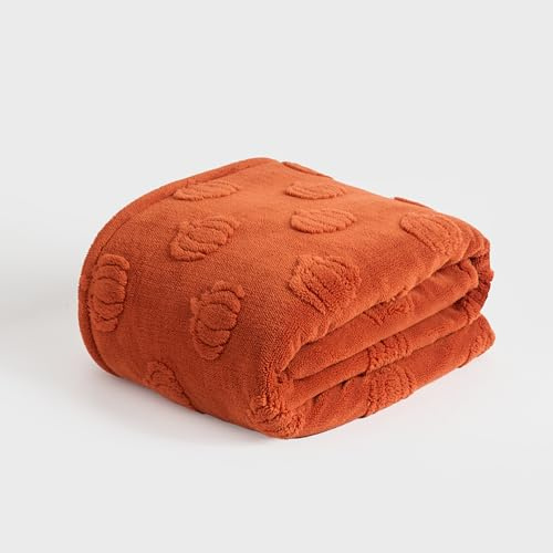 OHS Tufted Pumpkin Autumn Halloween Blanket Burnt Orange Throw, 130 x 160cm