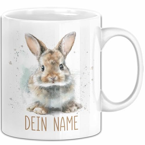 Hasen Tasse mit Namen – Personalisierte Tasse für Geburtstag Geschenkidee Junge Mädchen Ostern Namenstasse (Weiß)