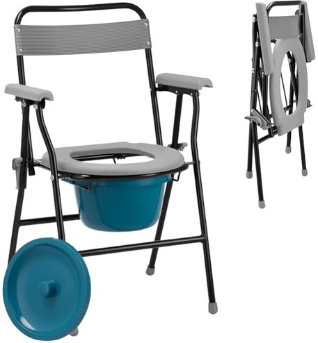 BAKAJI Silla de inodoro plegable y ligera con inodoro extraíble y tapa para personas mayores, discapacitados, personas con movilidad reducida, asiento plegable, ahorra espacio con base antideslizante