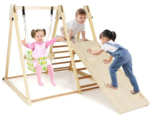 COSTWAY Kids Climbing Frame, 4 in 1 Wooden Playground Jungle Gym with Baby Swing, Resting Platform, Climbing Ramp and Ladder, Indoor Montessori Climber Playset for Toddlers 1+ Years Old (Natural)