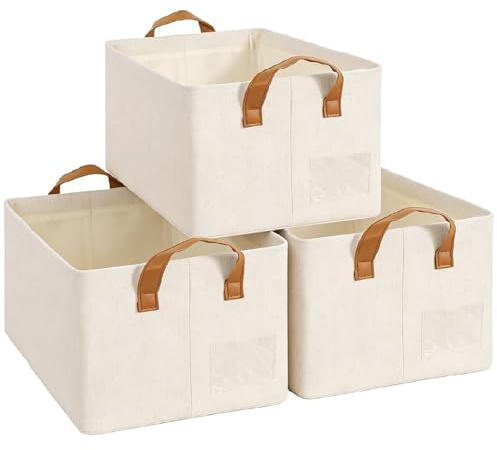 SYEXDZON Storage Baskets, Thickened Metal Frame, PP Base panle, 47*28*20cm | Beige, 3pcs, Collapsible, Cotton-linen, Storage Box, Wardrobe Storage Organiser, 5mm Metal Frame, for Shelves and Clothes