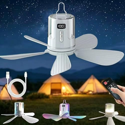 Ventilador de techo portáti con Luz LED, USB Recargable Lámpara Ventilador con Mando a Distancia, Temporizador, Velocidades, Silencioso Lámpara Ventilador Techo, para tienda de campaña, dormitorio