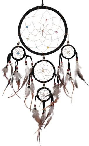 Traumfänger mit Halbedelsteinen, handgefertigt aus Baumwollfäden, schwarz | Traditioneller Traumfänger, fängt böse Träume, ideal für Schlafzimmerdekoration, verziert mit schönen Halbedelsteinen.