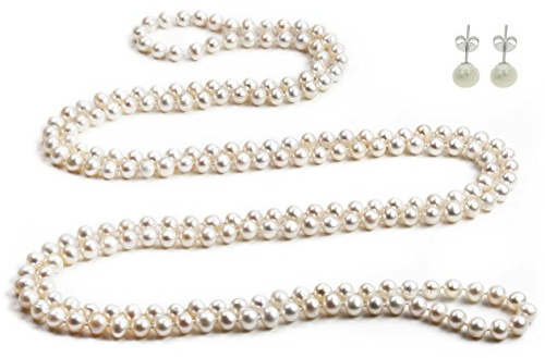 Treasure Bay 7–8 mm natürliche weiße Süßwasserperlen-Halskette für Damen und Mädchen, 120 cm lange Kordelkette mit Perlenohrsteckern