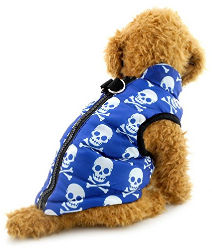 Wintermäntel für Hunde Bekleidung für Katzen Jacke Chihuahua Dackel Mit Geschirr Hoop D Ring Warme Haustierkleidung Daunen Weste für Welpen Gepolsterter Winddicht Kaltes Wetter Blau schädel XS