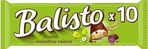 BALISTO - Barres chocolat et biscuit céréales, lait, noisettes et raisins - 10 sachets de 18,5g - 185g