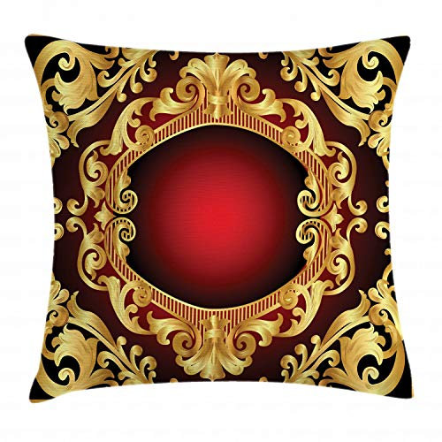 ABAKUHAUS Gelbes Damast Kissenbezug, Rahmen Barock, mit Reißverschluss Waschbar Beidseitiger Digitaldruck Klare Farben Hochwertige Stoff, 40 x 40 cm, Braun Gelb Bordeauxrot und Schwarz