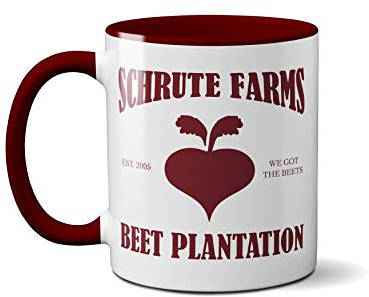 Tazza Schrute Farms The Office USA divertente idea regalo per spettacoli televisivi Dwight, manico resistente, lavabile in lavastoviglie e adatta al forno a microonde, caffè, Boardeaux - Manico rosso