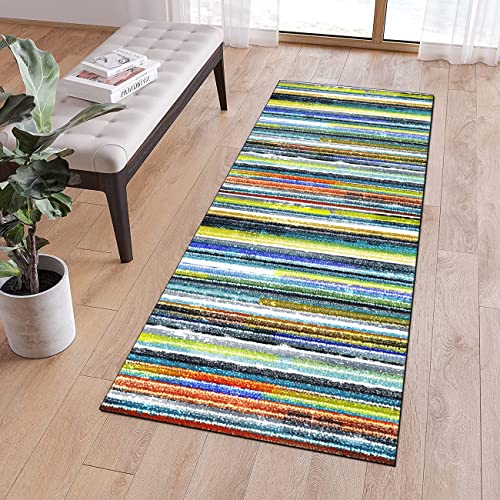 QQrunner Läufer Lang Flur rutschfest Teppich Küche 60x60cm Gestreift Bunt Teppichläufer Waschbar Meterware Lang Küchenteppich Schlafzimmer Korridor, Anpassbare Größe, 40-120cm Breit