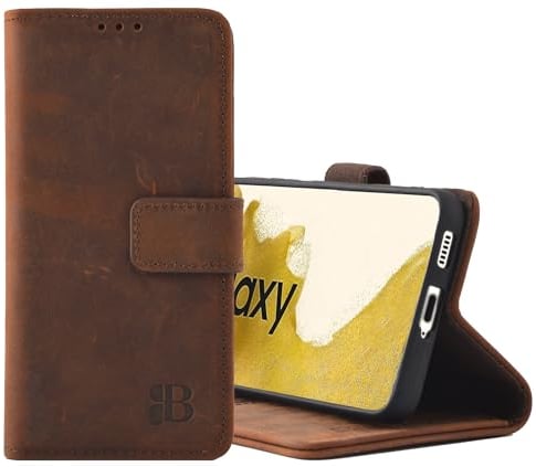 Burkley Handyhülle mit Ständer und Kartenfach für Samsung Galaxy S22 Leder Handytasche mit Magnetverschluss, 360° Schutz