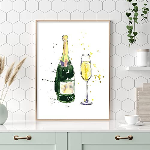Themed Alcohol Print - Champagne Bottle and Glass Watercolour Kitchen Wall Art (Black Frame, A4)