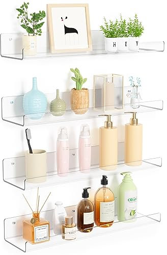 upsimples 4 Pack Acrylic Wall Mounted Floating Shelves for Bathroom Storage Perfume Makeup Skincare Bookcase for Bedroom, Nursery, Living Room, Clear