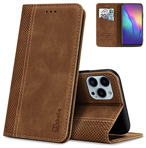 AKABEILA Case for iPhone 14 Pro, Premium PU Leather Flip Folio Wallet Book Case Phone Case Cover with Magnetic Closure Stand Card Slot Light Brown