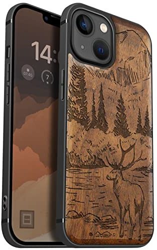 Carveit Holz Hülle für iPhone 13, Nussbaum-Berge und Hirsche | Cover kompatibel MagSafe [Holz und TPU Silikon Hybrid Hull] Magnetisch Case für iPhone 13 Handyhülle