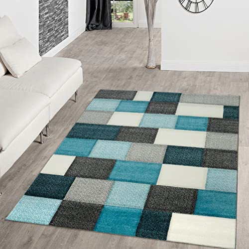 TT Home Wohnzimmer Teppich Kurzflor Abstrakt Geometrisch Design Used Look Modern, Farbe: Türkis, Größe:60x110 cm