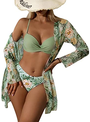 Litthing Damen Bikini Set mit Schalbluse, Push up Verstellbar Crossover Ties-up Neckholder Bikinioberteil Gedruckt High Waist Bikini Bademode Bauchweg Swimsuit, Grün