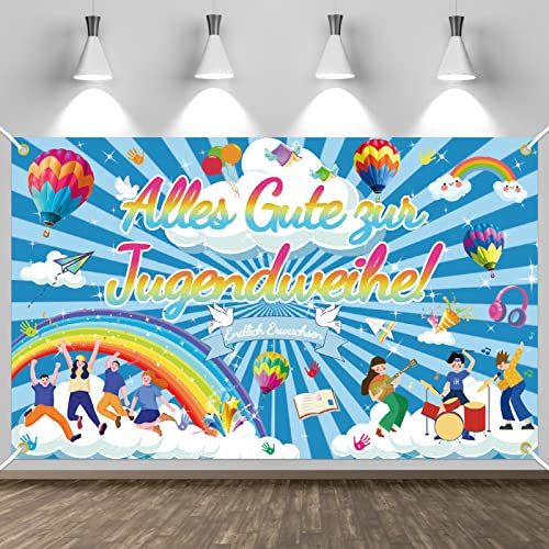 TOPJOWGA Jugendweihe Deko Banner, 180 x 110cm Endlich Erwachsen Banner, Alles Gute zur Jugendweihe Banner, Hintergrund Banner, Banner Hängende Deko, Banner Girlande Dekorationen Mädchen Junge