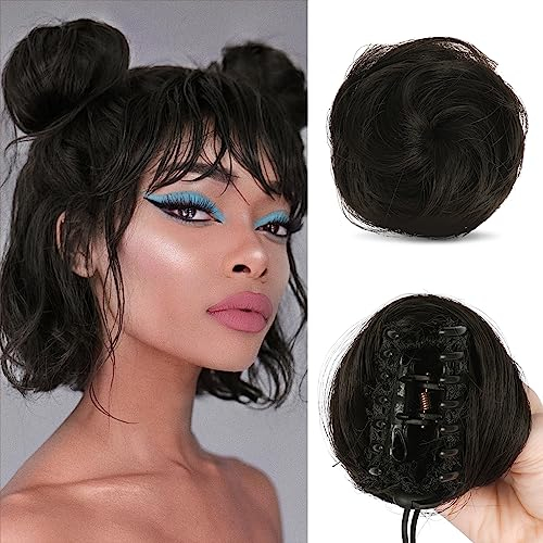 Sofeiyan 2PCS Krallen Clip in Haar Bun Mini Messy Bun Haarteile Dutt mit Klammer Synthetik Haar Scrunchies Haar Donut Chignon Pferdeschwanz Haarteil Dutt für Damen Dunkelstes Braun Neigt zu Schwarz
