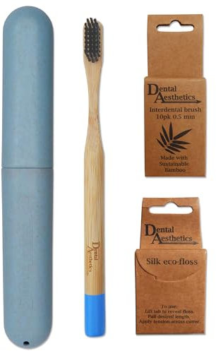 Dental Set ~ 1 Bamboo Toothbrush, 1 Wheat Straw Case, Interdental & Floss (0.5mm, Blue)