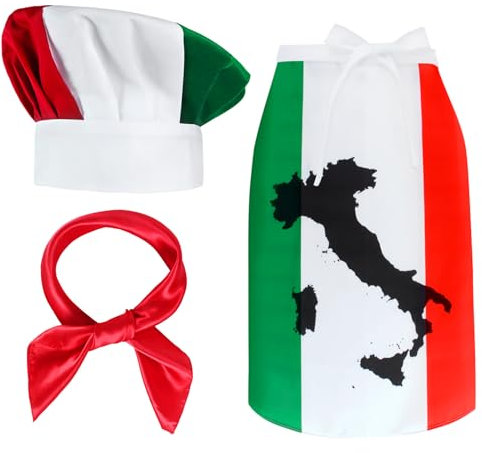 Kyson Italienische Flagge, Kochkoch, Kostüm, italienische Taille, Schürze und Pilz-Kochmütze, Bandana, Pizzakoch-Lätzchen, Backen, Grillen, Kochen, Set B, Einheitsgröße
