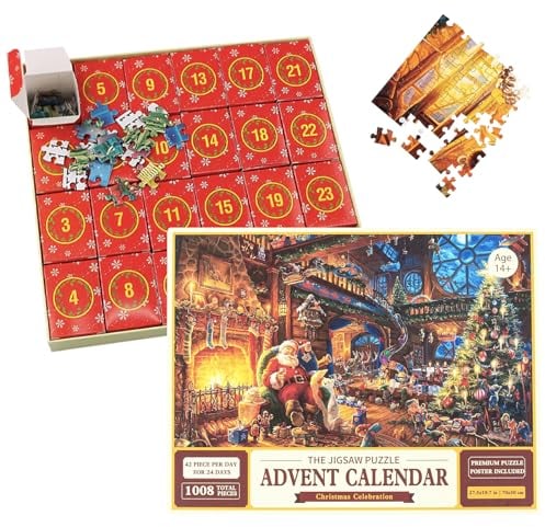 POPOYU Adventskalender Weihnachtspuzzle 2024,Adventskalender 2024 Kinder Erwachsene,Weihnachtsgeschenke Jigsaw Puzzle 1008 Teile,24 Boxen Adventskalender 2024 Jigsaw Puzzle für Mädchen Junge(50x70cm)