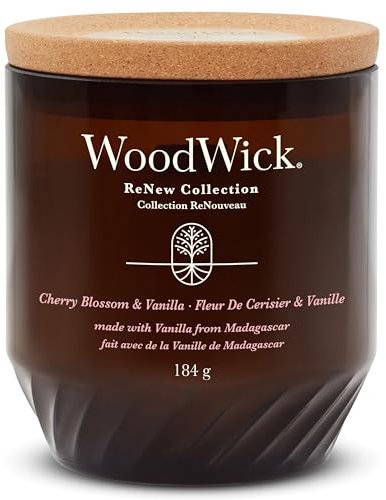 Bougie parfumée WoodWick ReNew avec mèche crépitante | Bougie Fleur de Cerisier et Vanille format moyenne| Cire à base de soja et de noix de coco | Matériaux recyclés | Cadeaux parfaits pour femmes