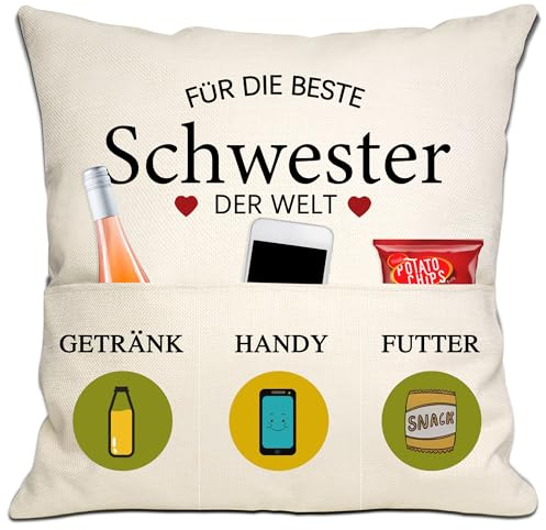 Schwester Geschenk - Beste Schwester in der Welt Kissenbezug 18x18 Zoll Mit 3 Taschen für Seele Bruder Geburtstag Weihnachten