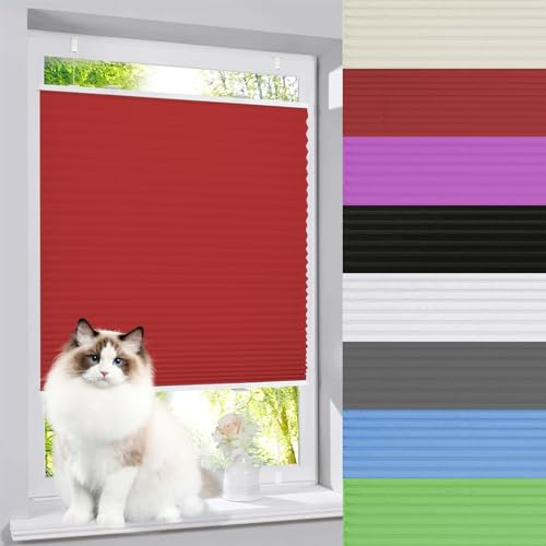 Klemmfix Plissee Ohne Bohren 100 x 100 cm Blickdicht Sichtschutz Sonnenschutz Faltrollo Plisseerollo Jalousie inkl. Befestigungsmaterial für Fenster und Tür, Rot