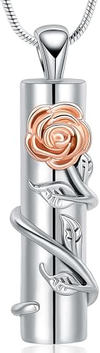 VCCWYQK Rose Flower Urn Necklace with Hollow Cylinder for Ashes for Women Men Cremation Jewelry Keepsake Urn Pendant Memorial Lockets for Loved One