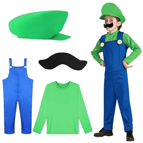 AmHiL Super Bros Cosplay Kostüme, Super Kostüm für Kinder Super Bros FaschingsKostüme, Kostüm mit Bodysuit, Cap and Schnurrbart, Karneval Halloween Kostüm Kinder Jungen Mädchen Cosplay
