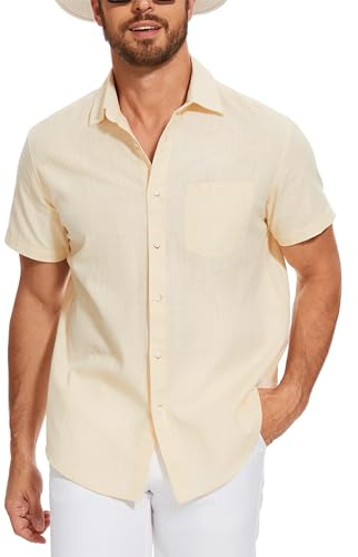iClosam Chemise Lin Homme Manches Courtes Été Chemises Casual Coton Chemisette Homme Ete de Couleur Unie avec Poche Coupe Classique