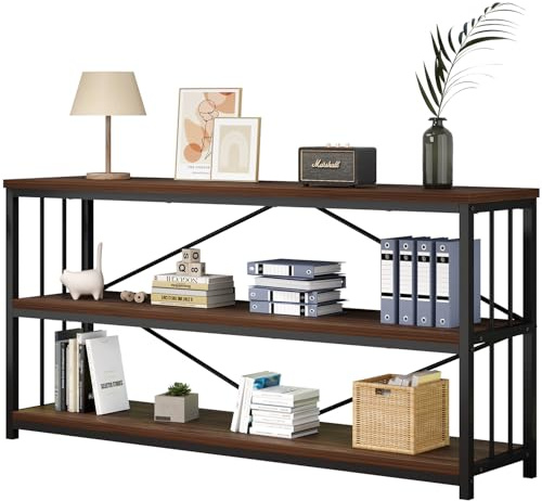 IBF Niedriges breites aus Walnussholz, Vintage, 160 cm lang, 3 Etagere, offenes Bücherregal, Bauernhaus, großes Holz, Metall, stabiles Bücherregal, Vitrine, einfache große