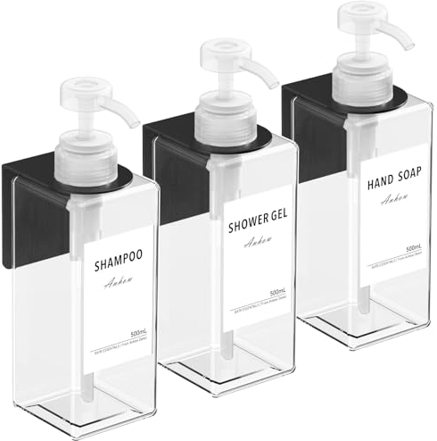 Anhow 3er Seifenspender Wandbefestigung Set, 500ml Seifenspender Wand Ohne Bohren Kunststoff Spülmittelspender mit 16pcs Wasserdichten Etiketten für Küche und Badezimmer - Transparent