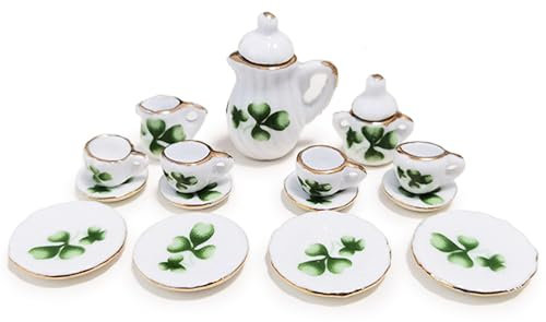 Casa de muñecas de porcelana a escala 1/12 en miniatura, juego de té, café, taza de muñecas; mini juego de té, juego de té de cerámica (Ginkgo biloba)