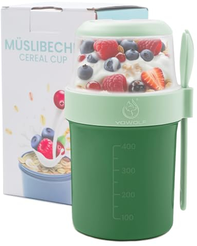 YOWOLF Müslibecher to Go, 2in1 Praktischer Joghurtbecher & Müslibecher für Picknick, Auslaufsicherer Joghurtbecher to Go Lunchpot mit Löffel, Salatbecher Yoghurt to Go mit Dressing Behälter, Grün