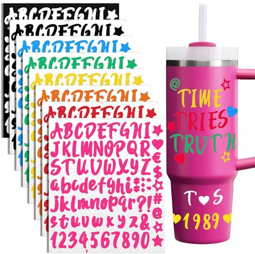 AIERSA Vinyl Letter Stickers for Stanley Cups Waterproof, Alphabet Name Stickers to Persoanlize Your Cups, Self-Adhesive Lettering Water Bottle Stickers, 8 Sheets