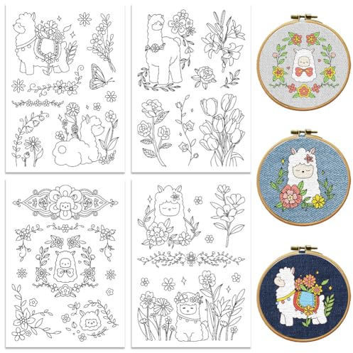 peacoblue Stickvorlagen Wasserlöslich für Anfänger 4 Sheet Alpaka mit Blumen with 31pcs Muster, Wash Away Stick and Stitch Auflösbares Stickereipapier für Handnähbegeisterte Frauen Erwachsene