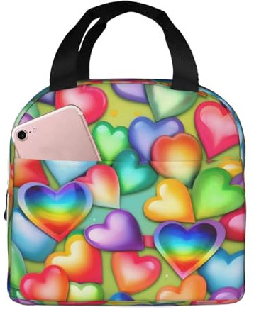 Lonchera con estampado de corazones de arco iris, lonchera portátil para hombres y mujeres, picnic, trabajo, viajes